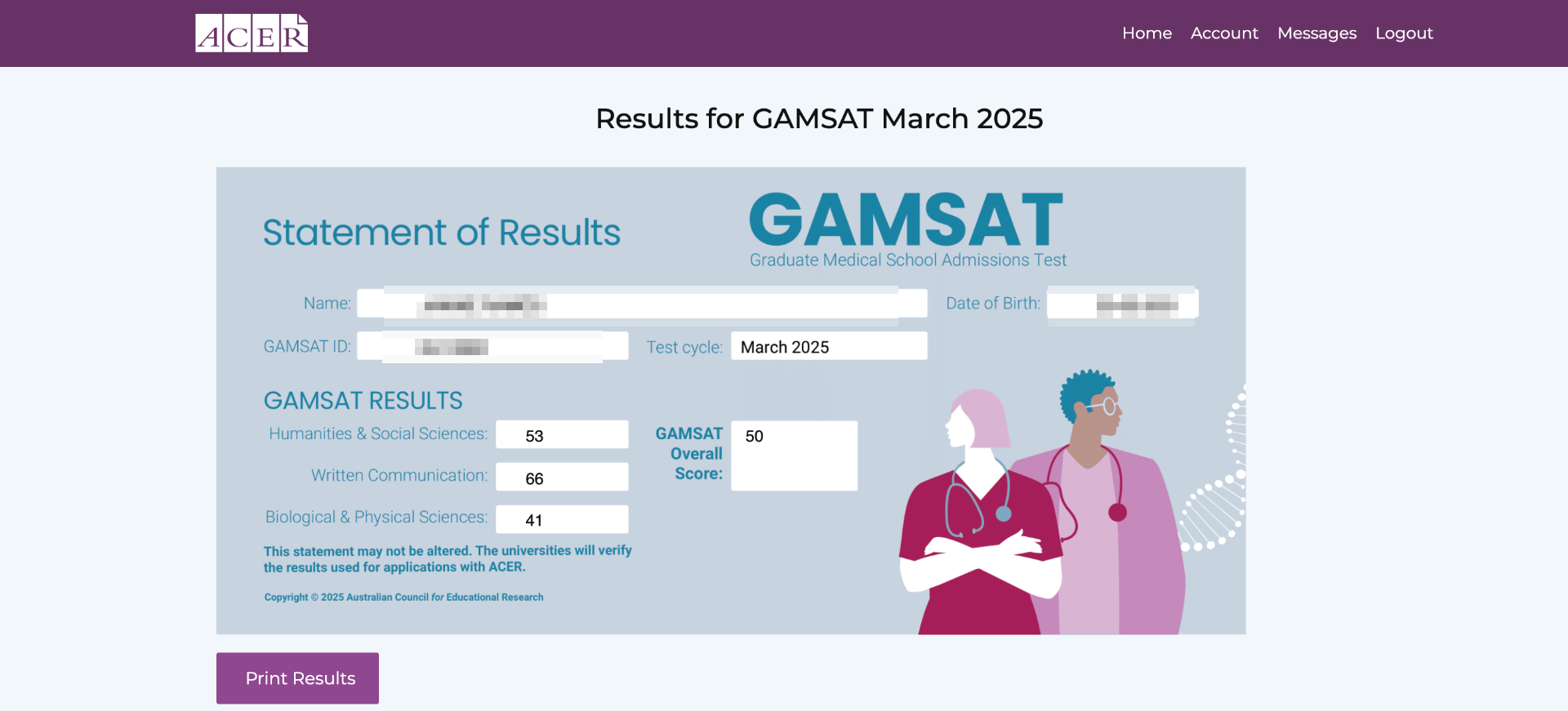 Official ACER GAMSAT Statement of Results — March 2025, overall score 50